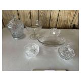Assorted Clear Glassware: Lidded Candy Dish, Compote, and Small Bowls
