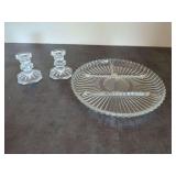 Glass Divided Serving Dish and Candlestick Holders