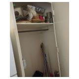 Assorted Household Items: Mops, Brooms, Stool, Cookware