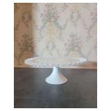 White Milk Glass Cake Stand with Ruffled Edge