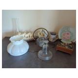 Assorted Household Collectibles: Lamp Parts, Elephant Figurine, Plate, Pitcher & Music Box