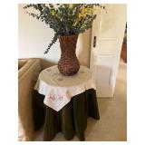 Round Side Table with Flower Embroidery Tablecloth and Wicker Vase