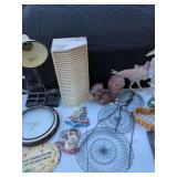 Assorted Home and Decor Items Including Clock, Squirrel, and Lamp