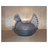 Blue Glass Hen on Nest Covered Dish