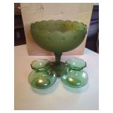 Green Glass Compote and Two Vases