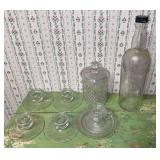 Pressed Glass Candle Holders, Candy Dish, and Bottle