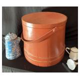 Painted Wooden Firkin Bucket with Enamelware Items