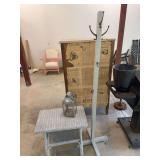 Coat Rack, Wicker Table and Lantern