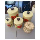 4 Yellow Hazelburg Canisters with Red Floral Design & Wicker Basket