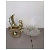 Decorative Pitchers, Vase, and Iridescent Glass Plate