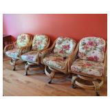 4 Floral Upholstered Rattan Swivel Chairs on Casters