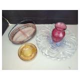Assorted Glassware: Divided Dish, Plate, Vase, and Ashtray