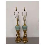 Pair of Ornate Brass Table Lamps with Light Blue Accents