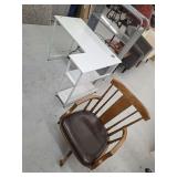 White L-shaped Desk with Shelves and Wood Swivel Chair