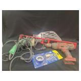 Power Tool Lot Including Drill, Saw, Level, and Hole Saw