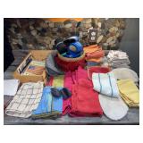 Basket with Coozies, Cookbooks, Towels, Pot Holders, and Wooden Box