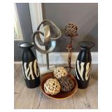 Mixed Home Decor Lot: Abstract Sculpture, Zebra Vases, Wooden Ball Bowl, and Figure Stand