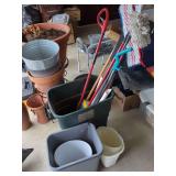 Tub with Mops, Planters, and Cleaning Supplies