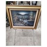 SIGNED CABINS ON LAKE OIL PAINTING 21X17