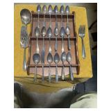 NATIONAL SILVER PLATED SPOONS AND SERVING PIECES AND WOOD RACK