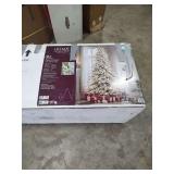 HOME DECORATORS 9 FT KENWOOD FRASER FIR FLOCKED LED CHRISTMAS TREE WITH WARM WHITE LIGHTS NO LIGHT TEST HAS BEEN PERFORMED