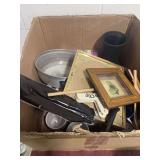 BOX WITH A VASE, BOOK, METAL LEAF, A PAN, AND MISC