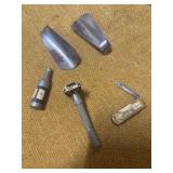 TWO SHOE HORNS, OLD SMALL KNIFE, METAL RAZOR, AND LITTLE BOTTLE