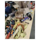 BOX OF MISC TOOLS - RATCHET STRAPS - DUCK TAPE - AND ETC