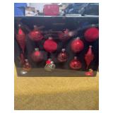 NEW IN BOX ROBERT STANLEY RED GLASS ORNAMENTS.  ONE BROKEN