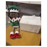 STUFFED CHRISTMAS ELF AND WHITE CHRISTMAS PRESENT BOX