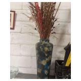 LARGE BLUE CRACKLE VASE WITH FLOWERS