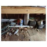 Garage with Paint Cans, Wagner Sprayer, Battery Charger, Metal Toolbox and more.
