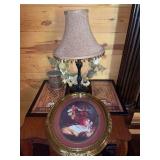 Home Decor with Lamp, Prints and Wood Container