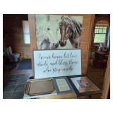 Assorted Home Decor: Horse Print, Framed Sign, and Picture Frames