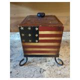 American Flag Painted Wooden Box with Lid and Metal Stand