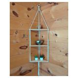 Hanging Macrame Corner Shelf with Silver Bowl, Succulents, and Glass Holder