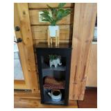 Assorted Home Decor Including Cabinet, Kettle, Plants, and Rug