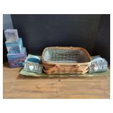 Assorted Household Decor: Basket, Coasters, Boxes, and Tray