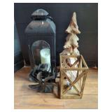 Lantern, wood frame light fixture, wood burning stove fan, and tree decoration
