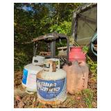 Propane Tanks, Double Burner Stove, Gas Can, and Canister