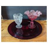 Glass Vase and Compote Set with Decorative Plate