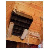 Brown Cubby Shelf, Lamp, Dishrack and Plastic Roll