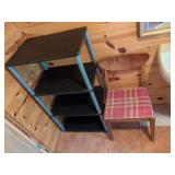 Three-Tier Shelf and Plaid-Seat Chair