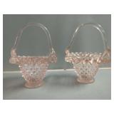 Pink Glass Basket with Handle and Hobnail Design