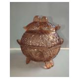 Peach Carnival Glass Candy Dish with Birds