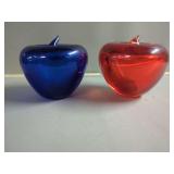 Two Glass Apple Sculptures: Red and Blue