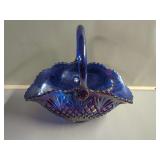 Blue Carnival Glass Basket with Handle