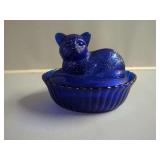 Blue Glass Cat Lidded Dish
