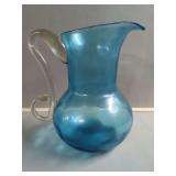 Blue Glass Pitcher with Clear Handle