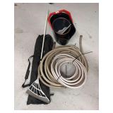 Gardening Tool Collection: Hose, Leaf Rake, Bucket, and More